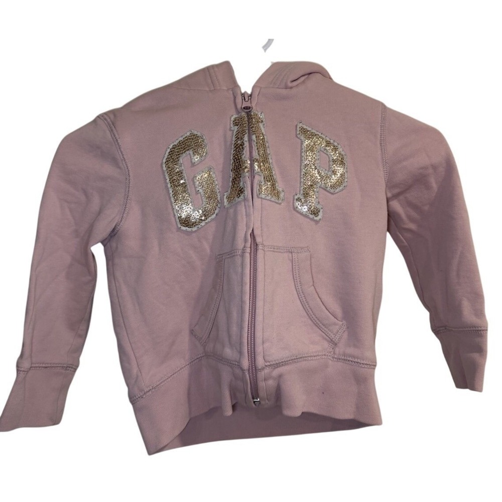Kids Gap Zip Up Hoodie Pink Sequin Logo Hooded Sweatshirt Toddler Girl Sz XS 4/5